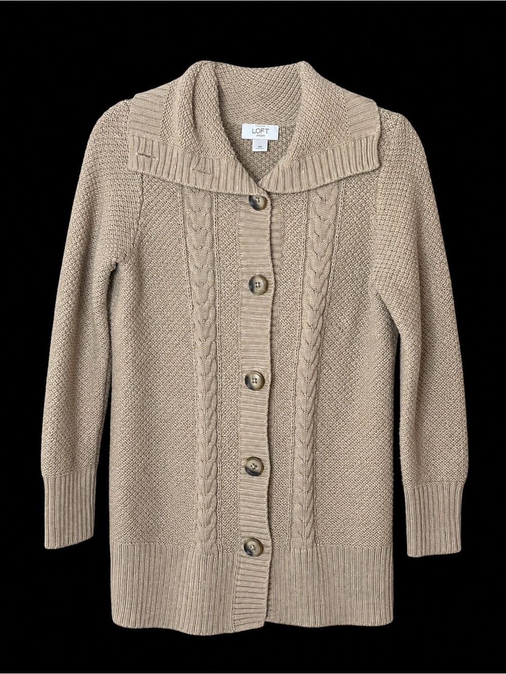 LOFT Petites MP Beige Cable Knit Button Front Cardigan Sweater Shawl Collar